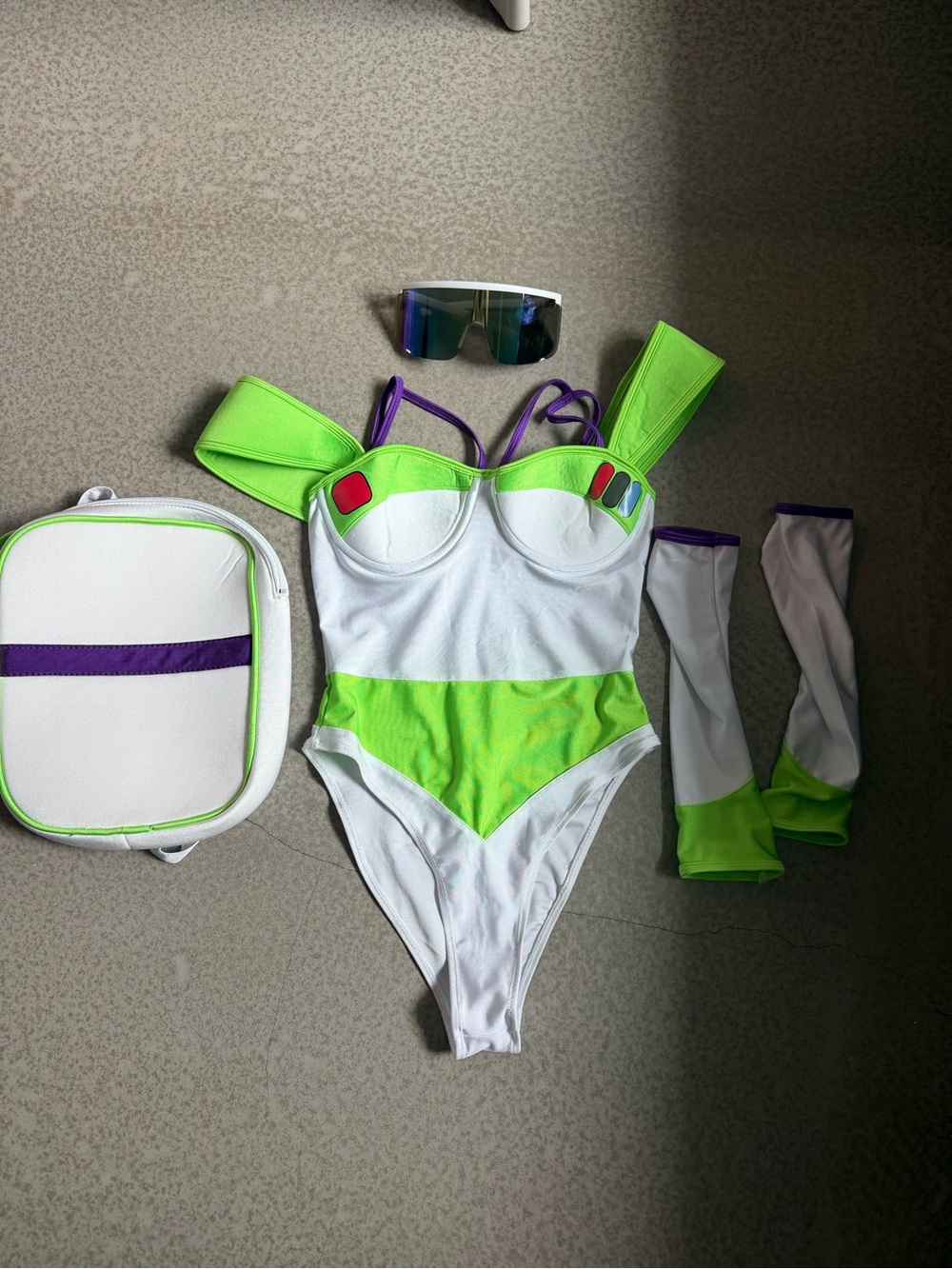 Women’s Buzz Light Year White and Neon Green Space-Inspired One-Piece costume
